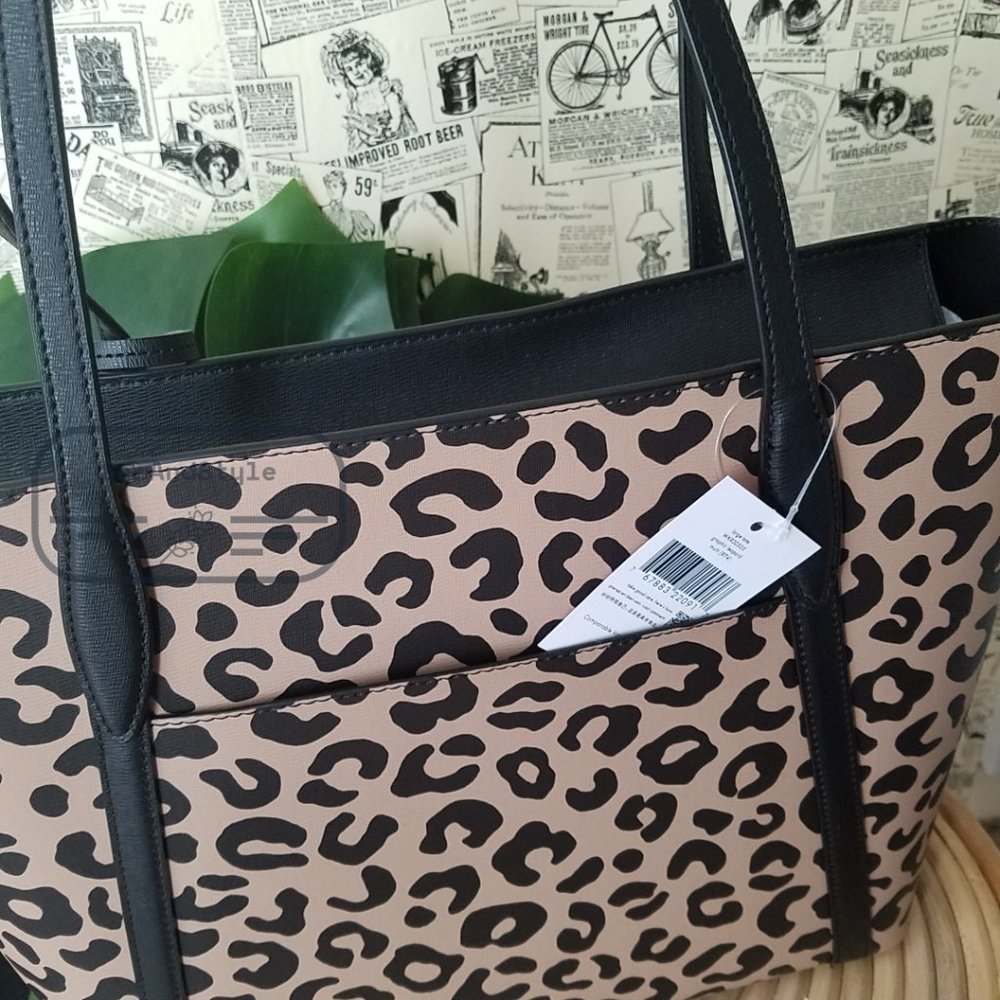 Kate Spade NWT Black Cara Leopard Animal Print Large Leather Tote Shoulder Bag - Picture 10 of 13